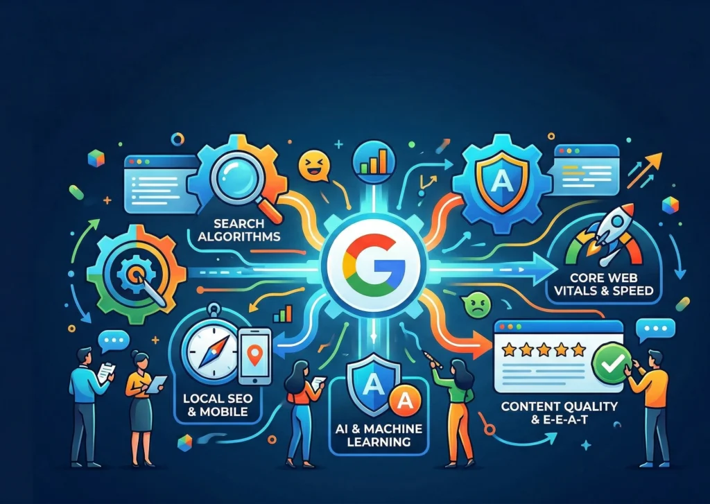 Illustration showing Google algorithm updates including SEO factors like search algorithms, AI and machine learning, core web vitals, content quality, and local SEO optimization.